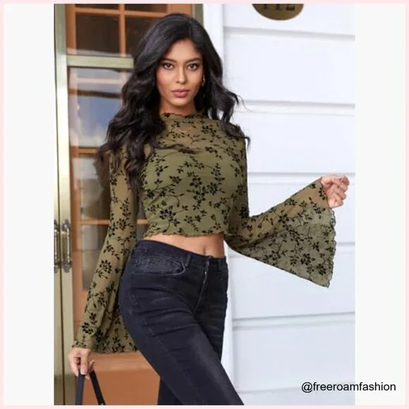 Mesh Crop Top Long Bell Sleeve Floral Print Slim Fit Summer Top - Picture 2 of 6